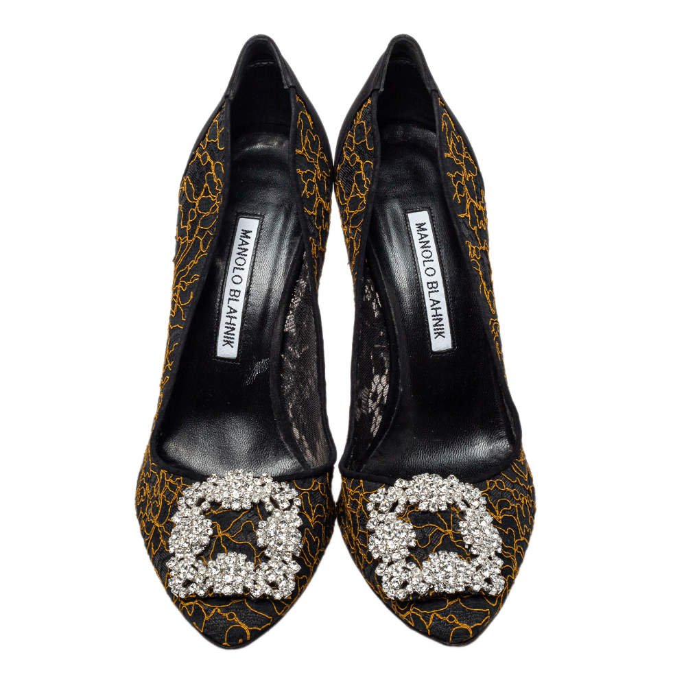 Pre Owned Manolo Blahnik Black Embroidered Mesh And Fabric Hangisi Pumps Size 38.5
