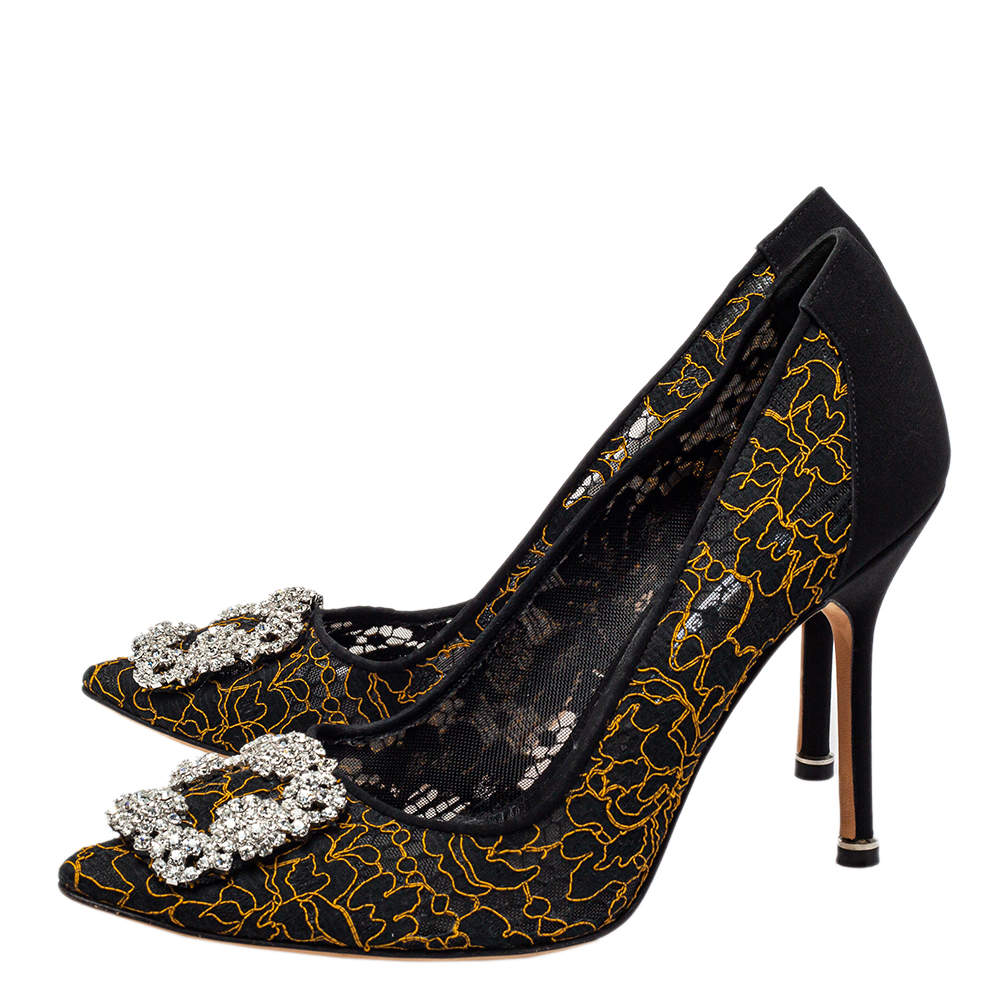 Pre Owned Manolo Blahnik Black Embroidered Mesh And Fabric Hangisi Pumps Size 38.5