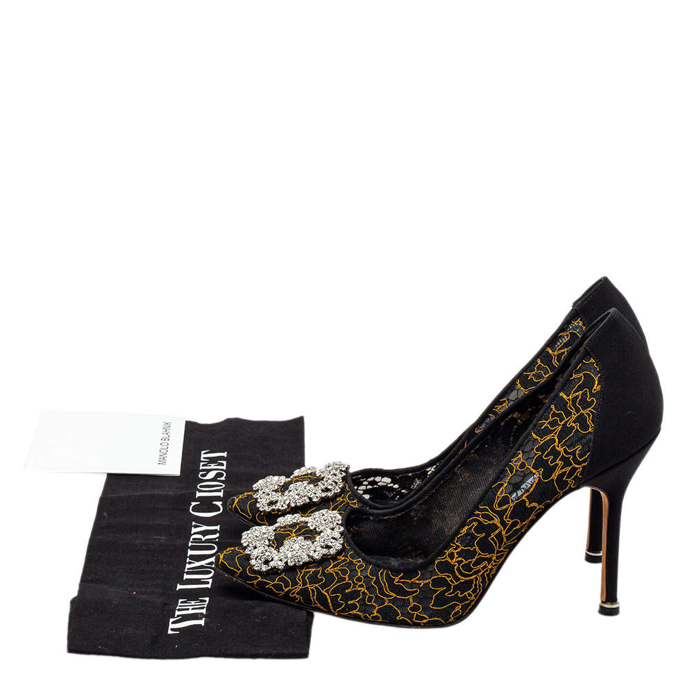 Pre Owned Manolo Blahnik Black Embroidered Mesh And Fabric Hangisi Pumps Size 38.5
