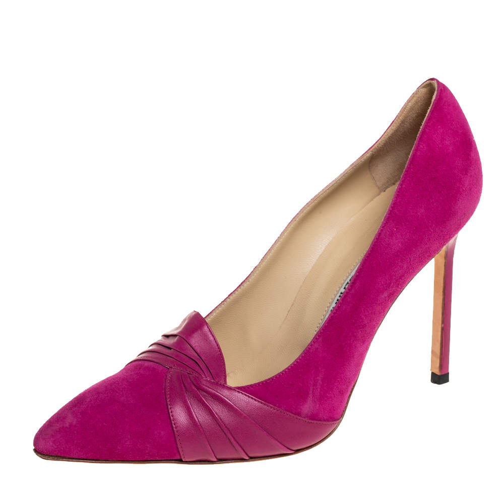Pre Owned Manolo Blahnik Pink Suede And Leather Pleated Pumps Size 37