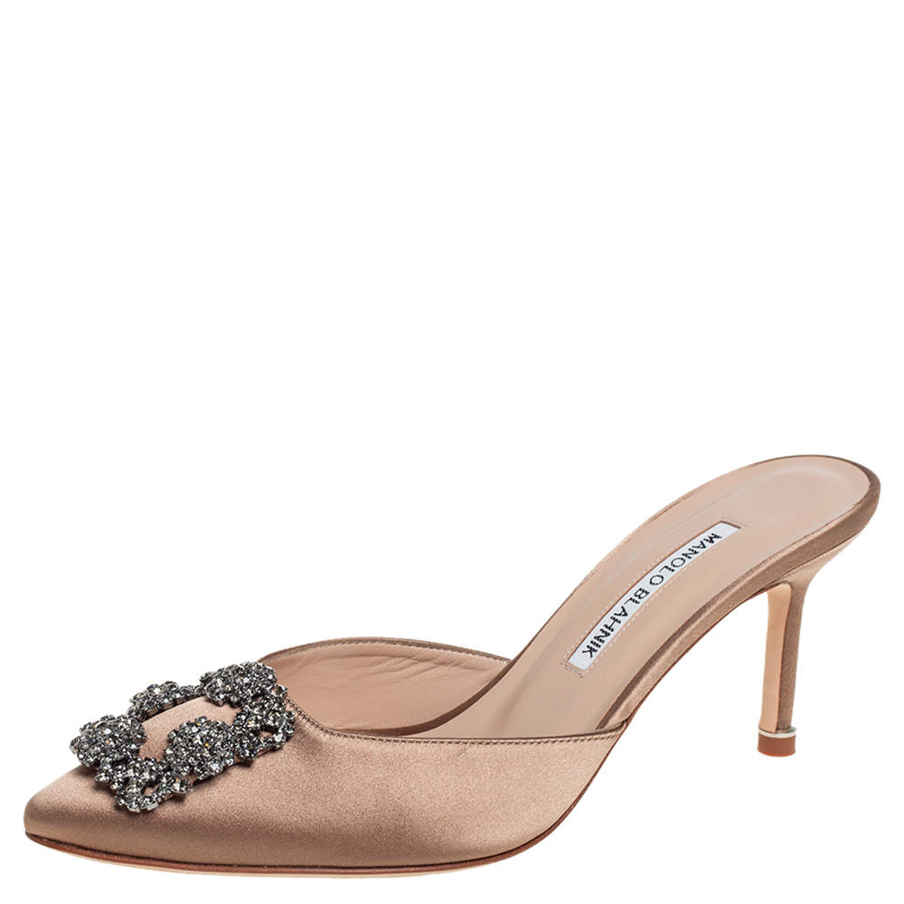 Pre Owned Manolo Blahnik Beige Satin Hangisi Mule Sandals Size 37