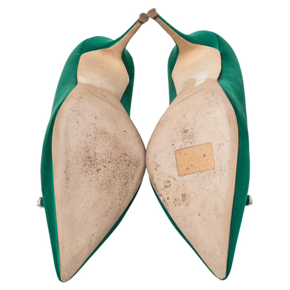 Pre Owned  Manolo Blahnik Green Satin Borlak Crystal Embellished Pointed Toe Pumps Size 40