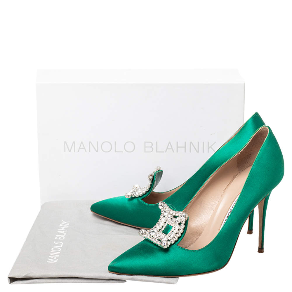 Pre Owned  Manolo Blahnik Green Satin Borlak Crystal Embellished Pointed Toe Pumps Size 40