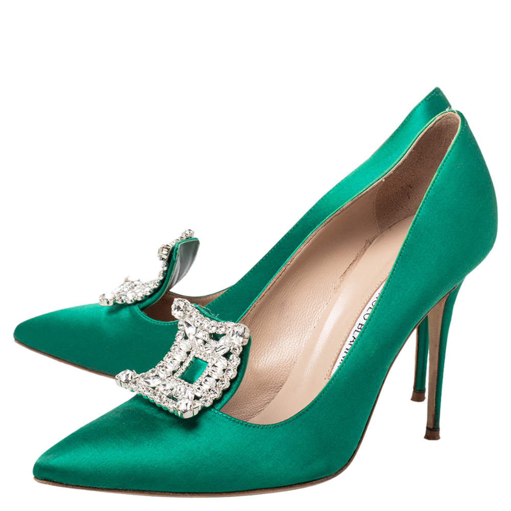 Pre Owned  Manolo Blahnik Green Satin Borlak Crystal Embellished Pointed Toe Pumps Size 40