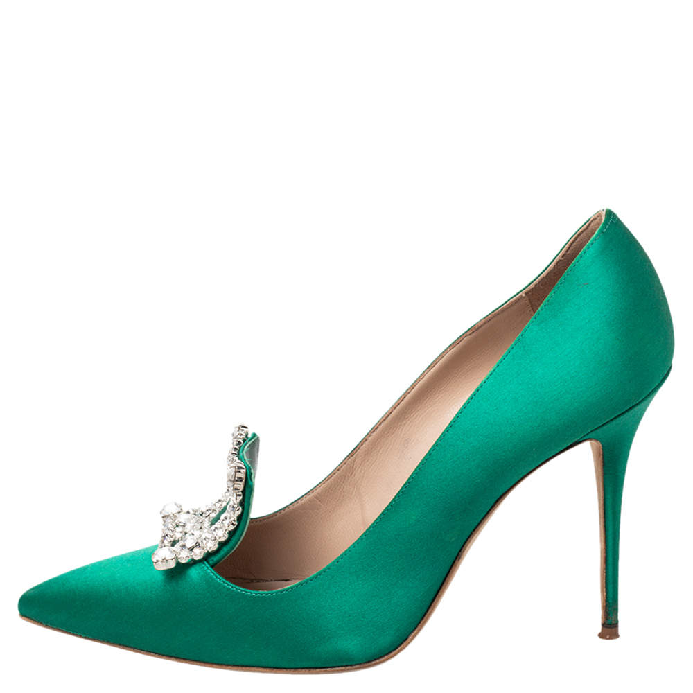 Pre Owned  Manolo Blahnik Green Satin Borlak Crystal Embellished Pointed Toe Pumps Size 40