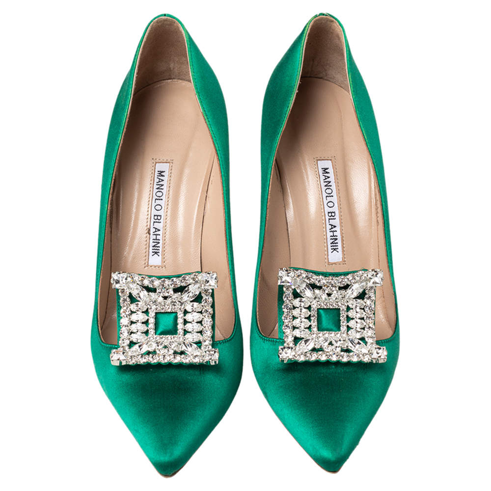 Pre Owned  Manolo Blahnik Green Satin Borlak Crystal Embellished Pointed Toe Pumps Size 40