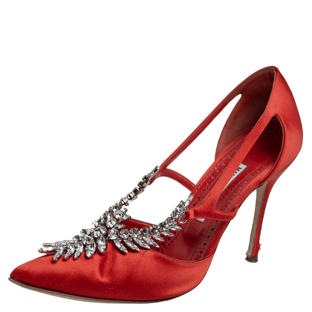Pre Owned Manolo Blahnik Red Satin Lala Pointed Toe Pumps Size 40.5