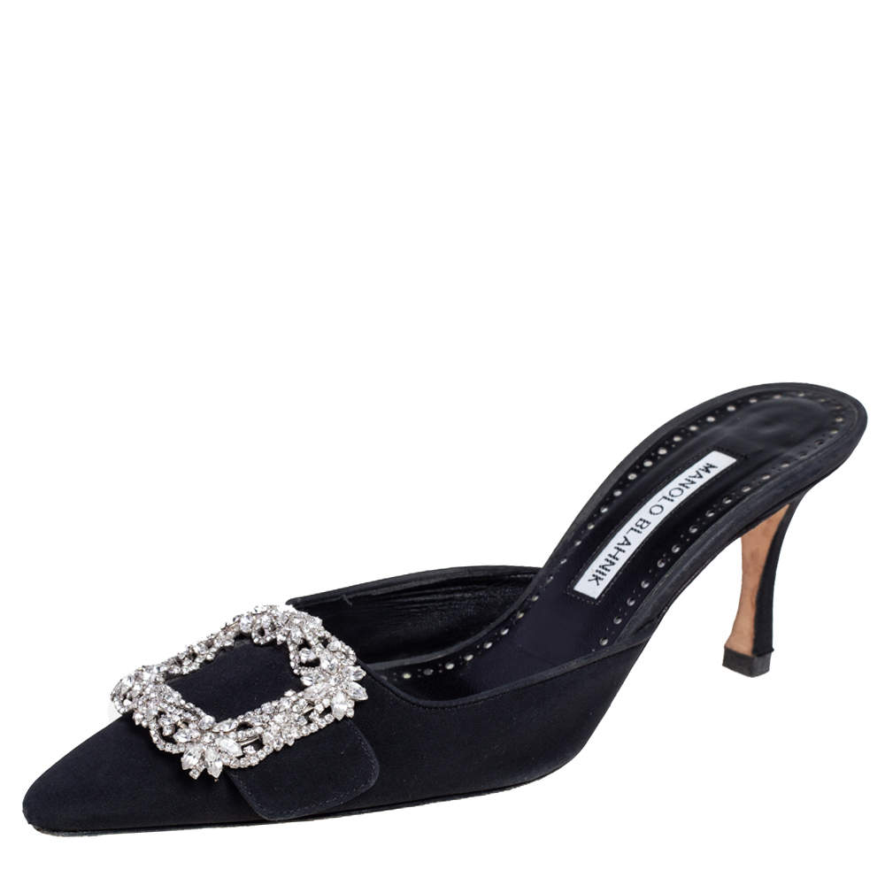 Pre Owned Manolo Blahnik Black Fabric Buckled Embellished Mule Sandals Size 38