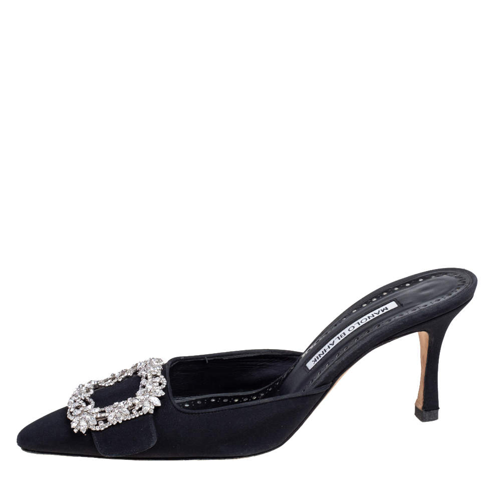 Pre Owned Manolo Blahnik Black Fabric Buckled Embellished Mule Sandals Size 38