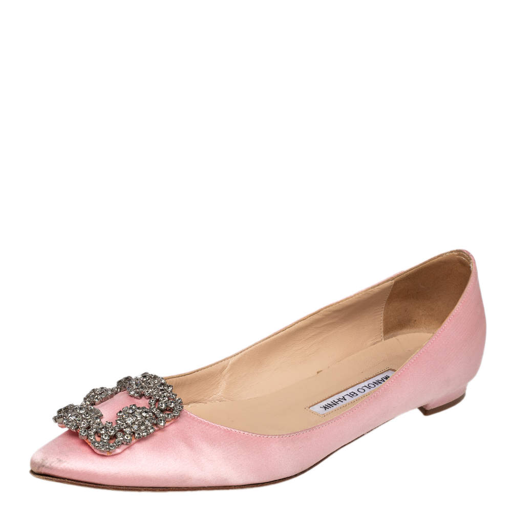 Pre Owned Manolo Blahnik Pink Satin Hangisi Embellished Ballet Flats Size 38.5