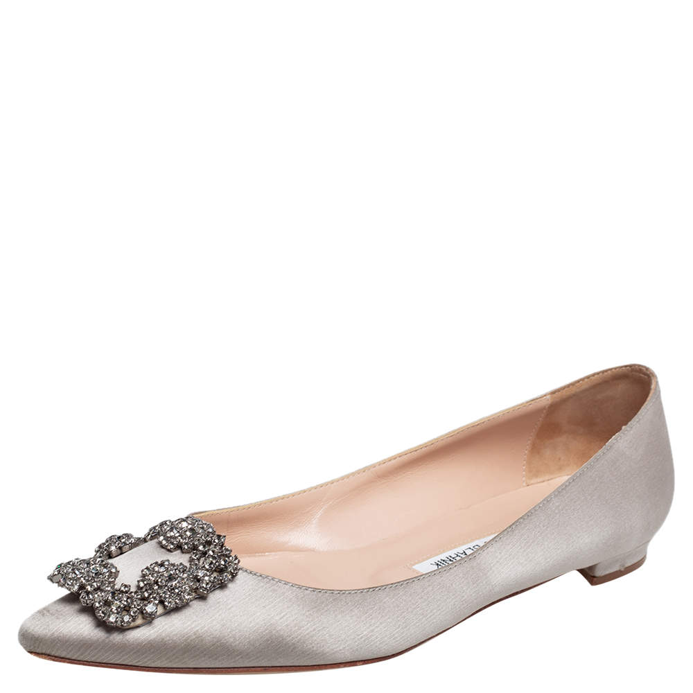 Pre Owned Manolo Blahnik Grey Satin Hangisi Ballet Flats Size 37.5
