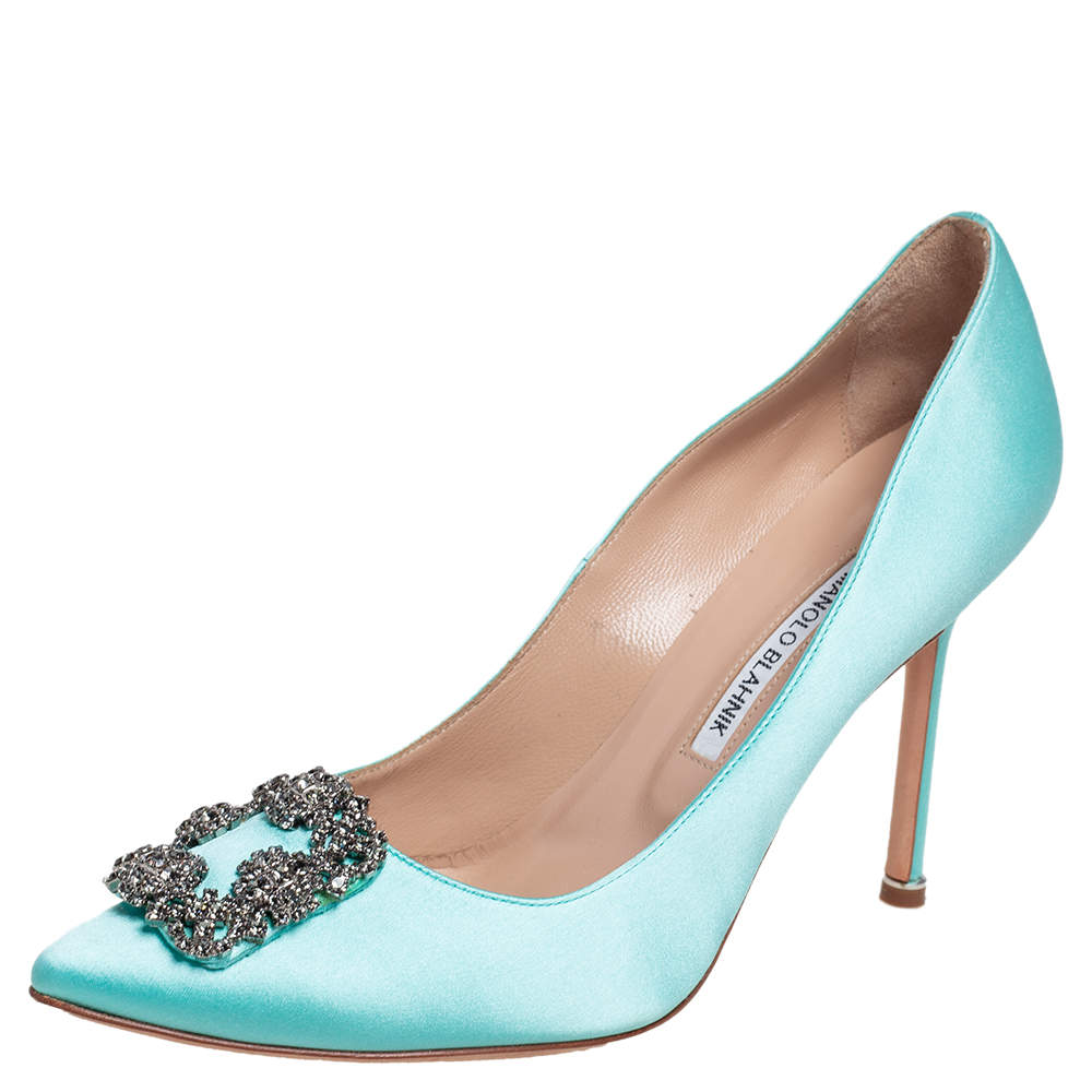Pre Owned Manolo Blahnik Aqua Blue Satin Hangisi Embellished Pointed Toe Pumps Size 41