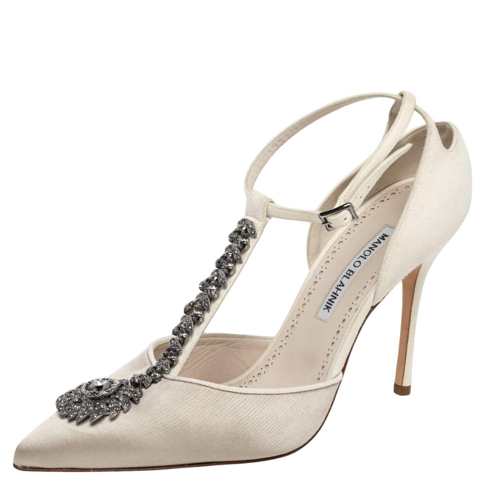 Pre Owned Manolo Blahnik White Satin And Suede Eridania D'orsay Ankle Strap Pumps Size 40