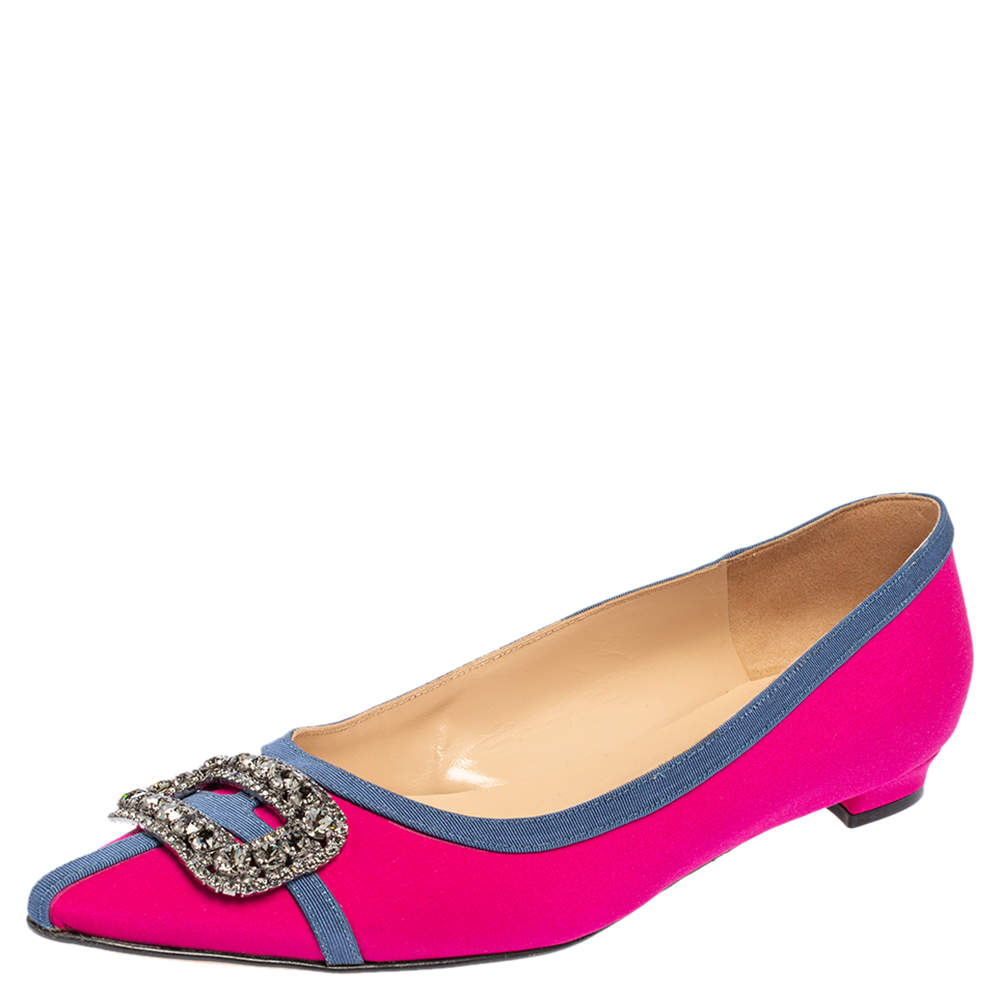 Manolo Blahnik Pink Satin Gotrian Crystal Embellished Pointed Toe Flats Size 40.5