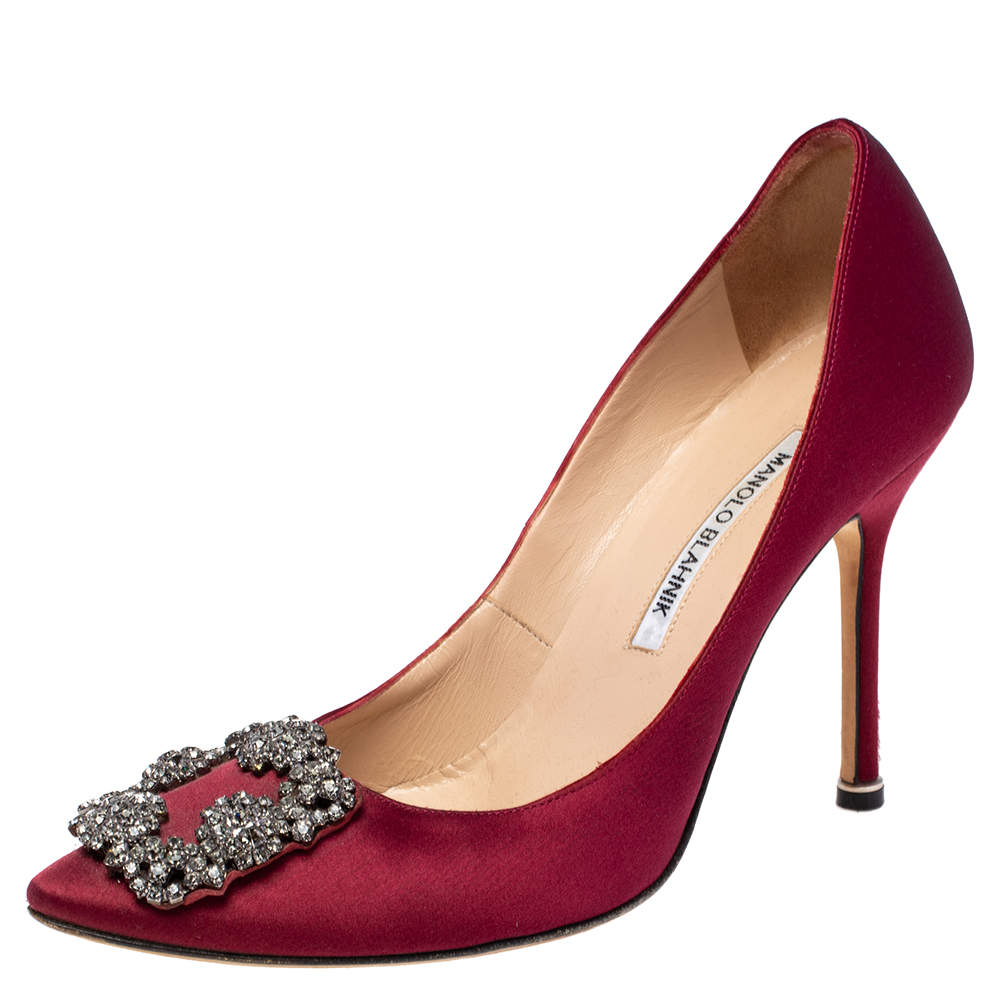 Pre Owned Manolo Blahnik Burgundy Satin Hangisi Pointed Toe Pumps Size 38