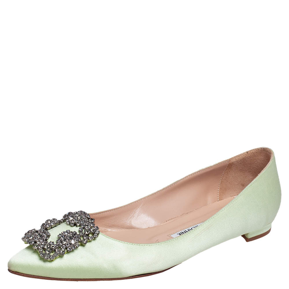 Pre Owned Manolo Blahnik Light Green Satin Hangisi Ballet Flats Size 37