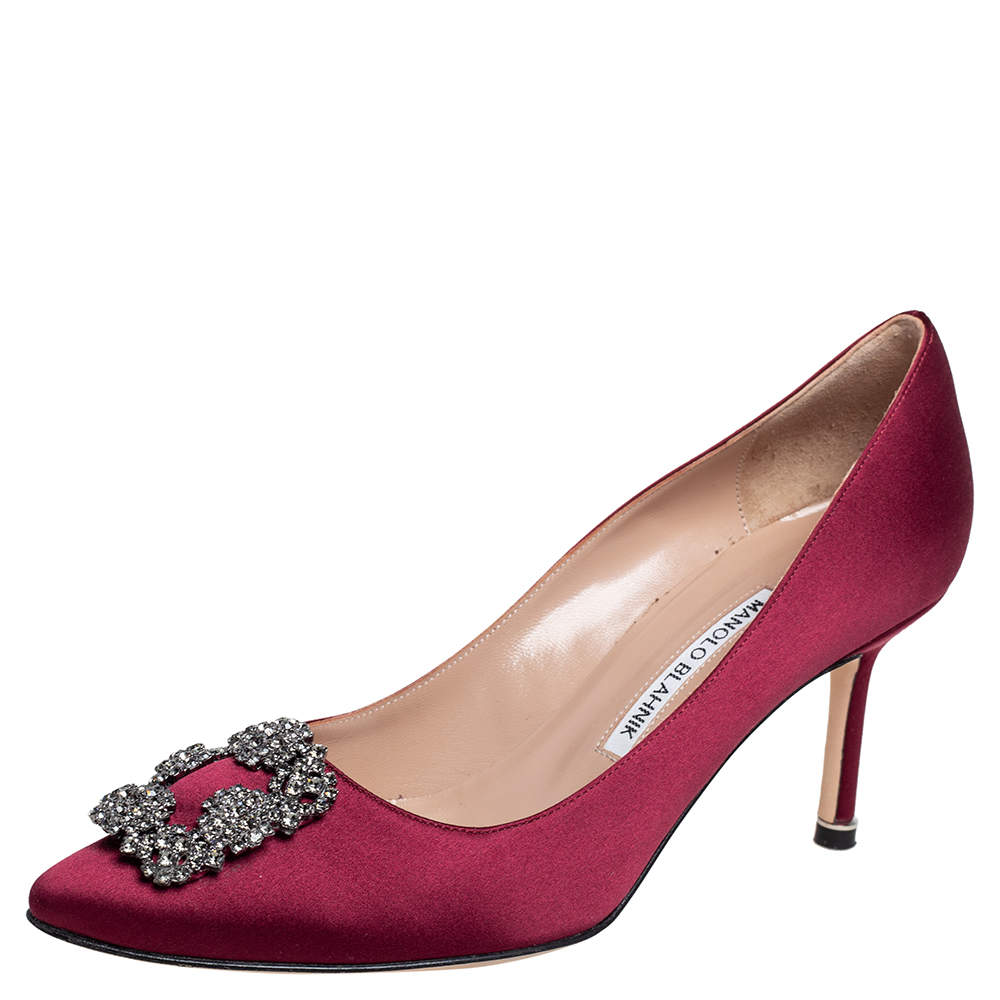 Pre Owned Manolo Blahnik Burgundy Satin Hangisi Pumps Size 39
