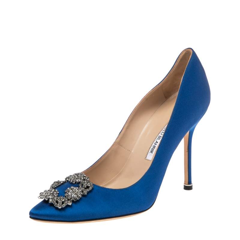 Pre Owned حذاء كعب عالي مانولو بلانيك هانغيسي ساتان أزرق مقاس 40