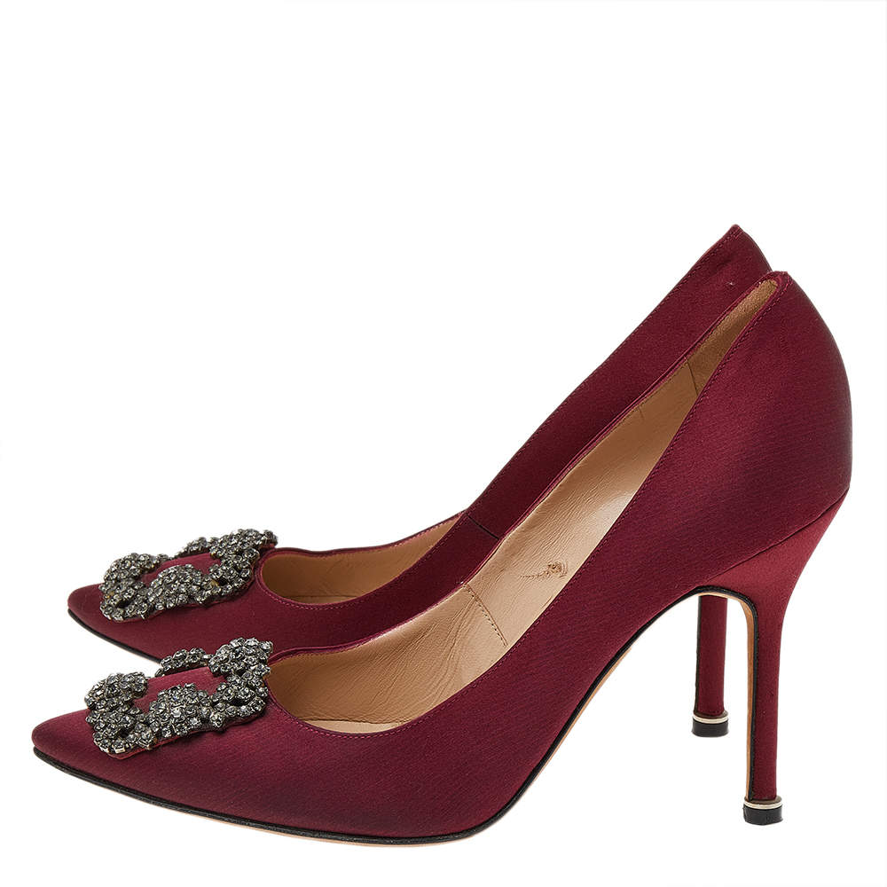 Pre Owned Manolo Blahnik Burgundy Satin Hangisi Pointed Toe Pumps Size 37