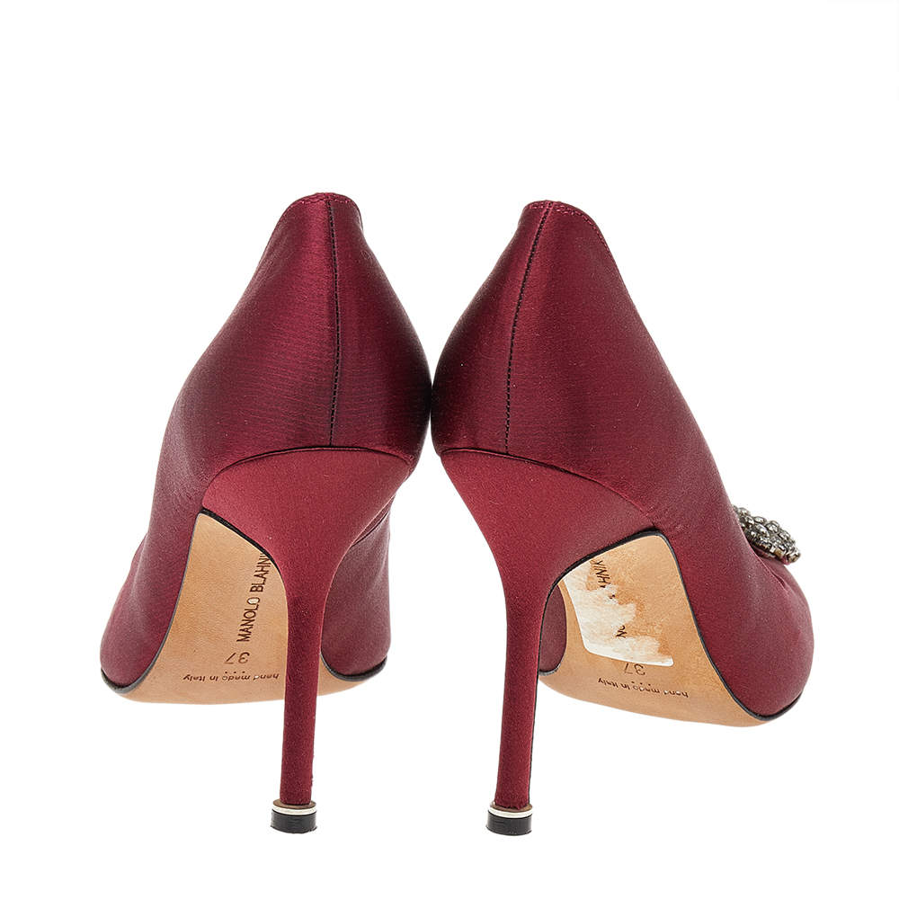 Pre Owned Manolo Blahnik Burgundy Satin Hangisi Pointed Toe Pumps Size 37