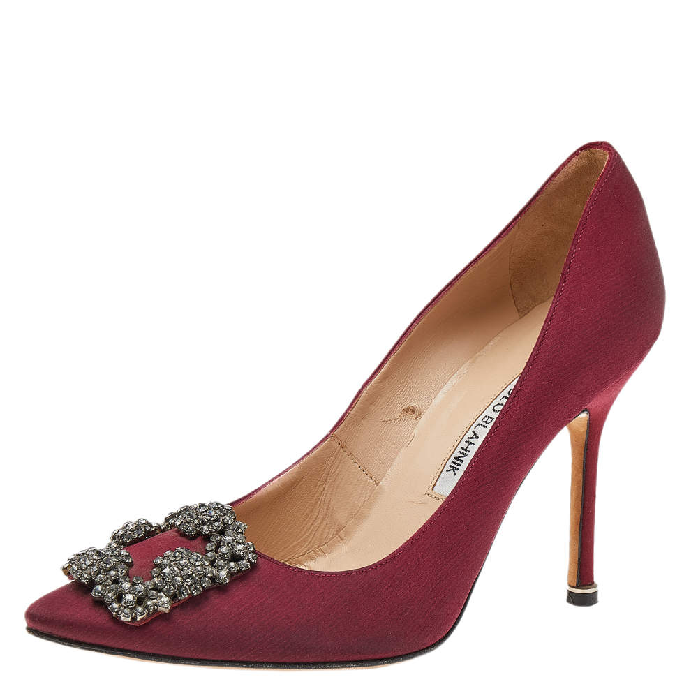 Pre Owned Manolo Blahnik Burgundy Satin Hangisi Pointed Toe Pumps Size 37
