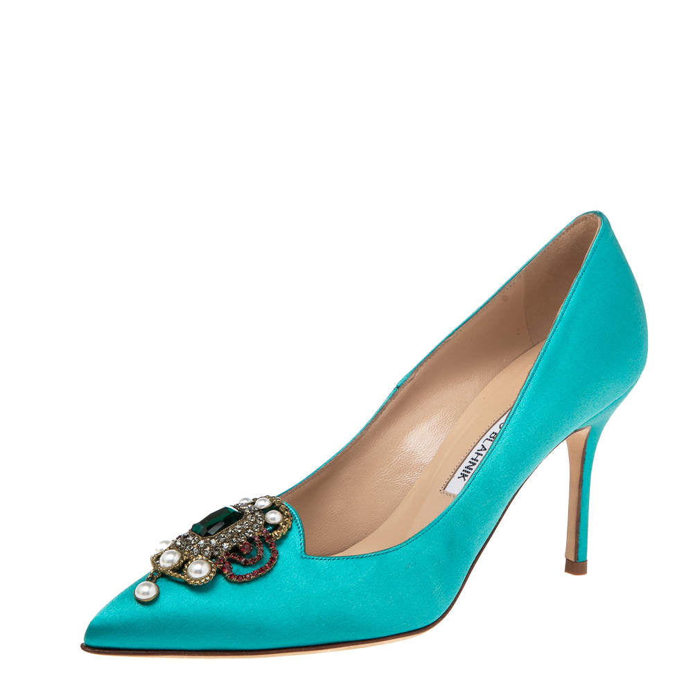 Pre Owned Manolo Blahnik Blue Satin Eufrasia Pointed Toe Pumps Size 36.5