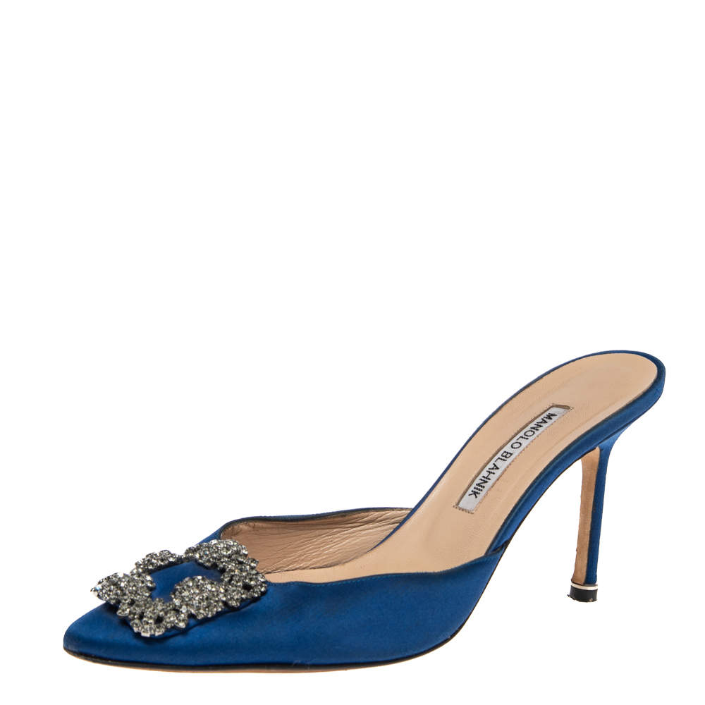 Pre Owned Manolo Blahnik Blue Satin Hangisi Pointed Toe Mules Size 38.5