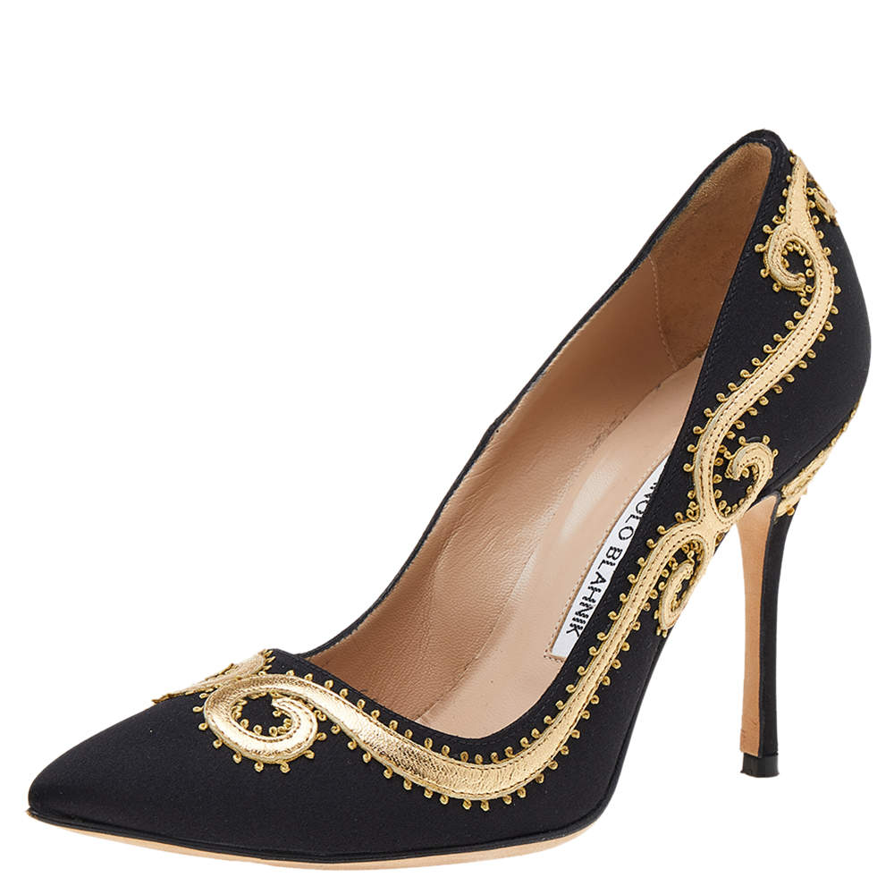 Pre Owned Manolo Blahnik Black Satin Embroidered Pointed Toe Pumps Size 36