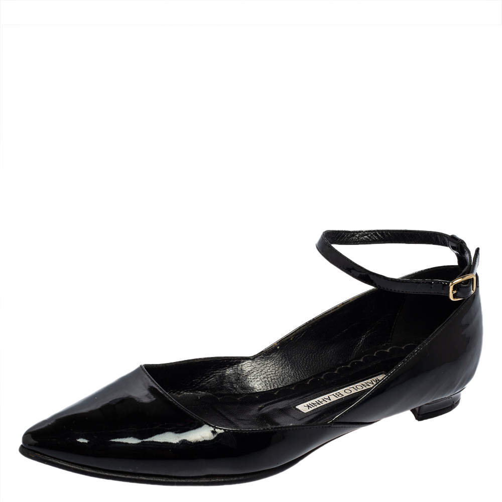 Pre Owned Manolo Blahnik Black Patent Leather Pointed Toe Ankle Strap Ballet Flats Size 37