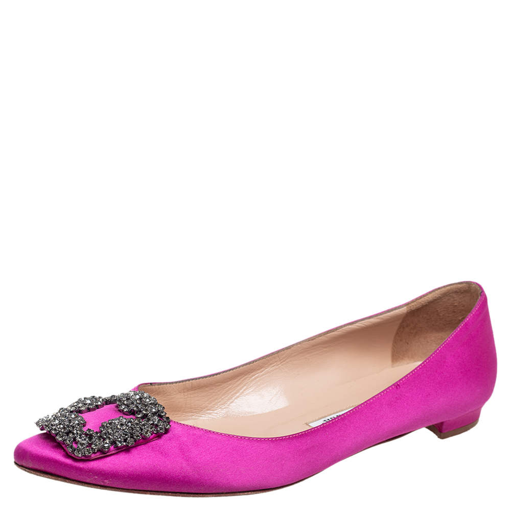 Pre Owned Manolo Blahnik Fuchsia Satin Hangisi Flats Size 39