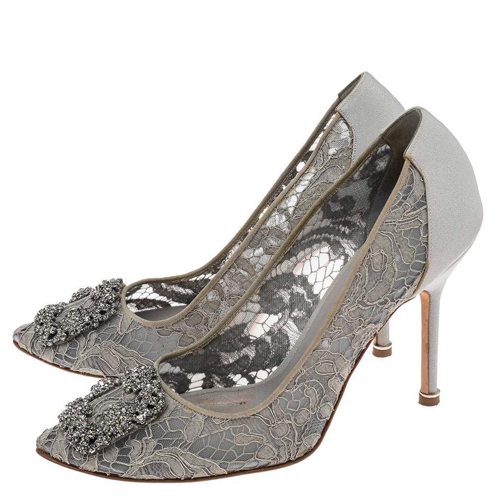 Pre Owned Manolo Blahnik Grey Lace And Satin Hangisi Pointed Toe Pumps Size 38.5