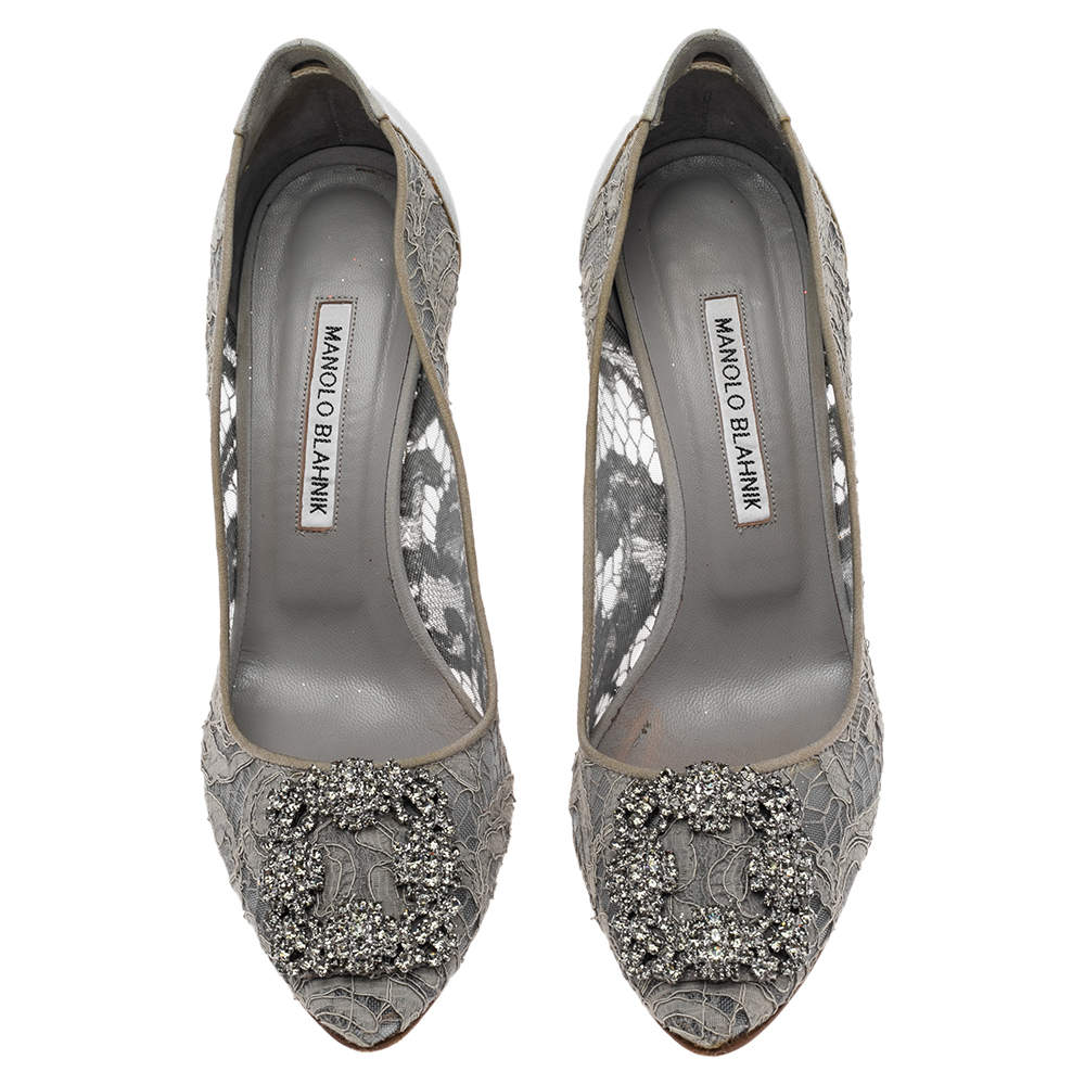 Pre Owned Manolo Blahnik Grey Lace And Satin Hangisi Pointed Toe Pumps Size 38.5