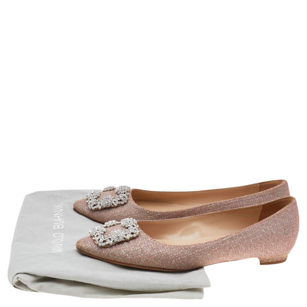Pre Owned Manolo Blahnik Pink Glitter Hangisi Flats Size 36.5