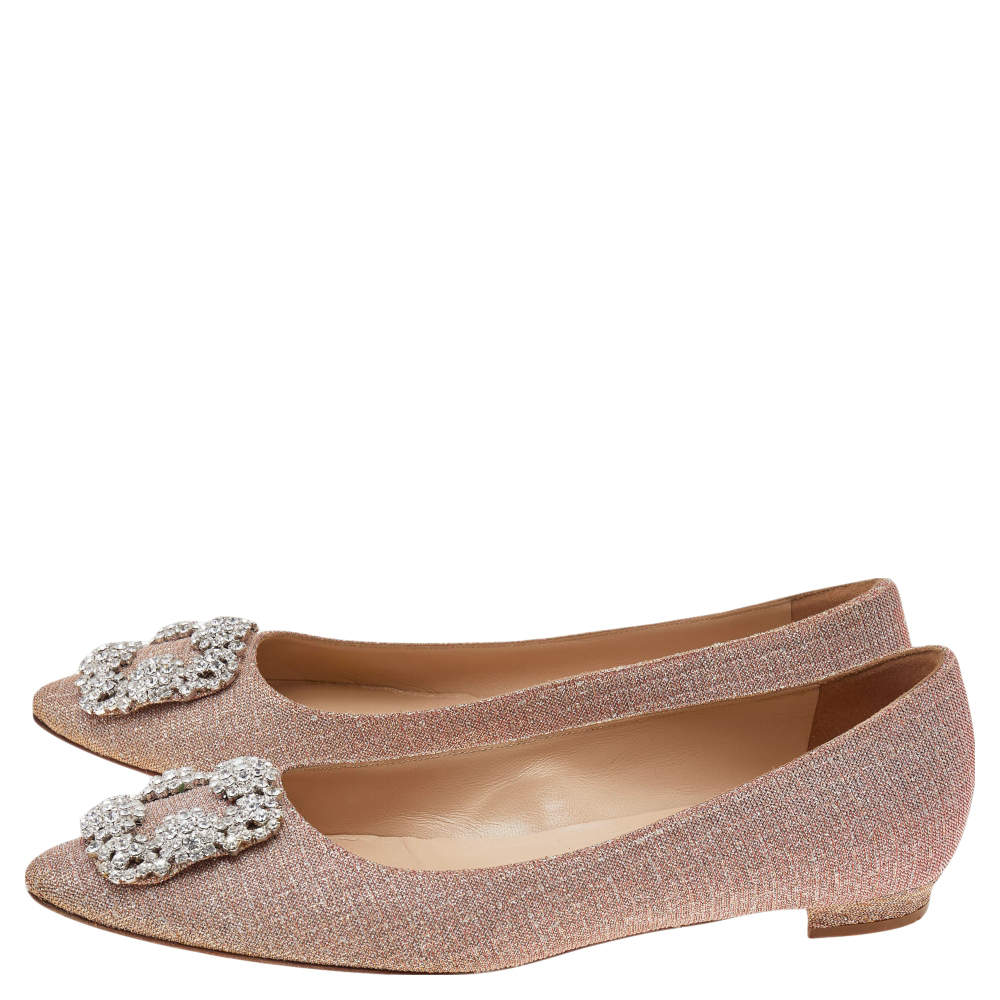 Pre Owned Manolo Blahnik Pink Glitter Hangisi Flats Size 36.5