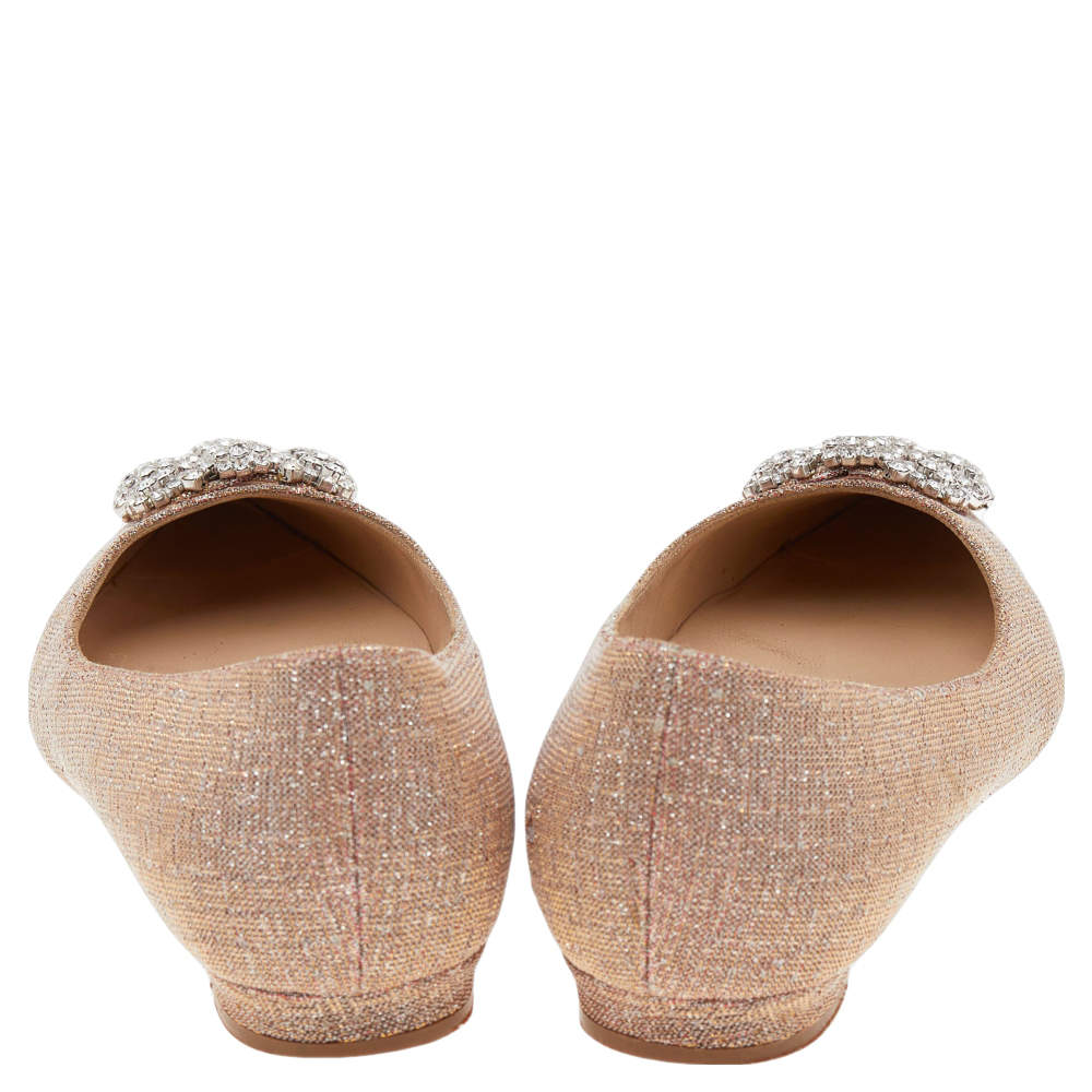 Pre Owned Manolo Blahnik Pink Glitter Hangisi Flats Size 36.5