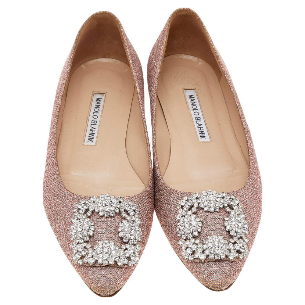 Pre Owned Manolo Blahnik Pink Glitter Hangisi Flats Size 36.5