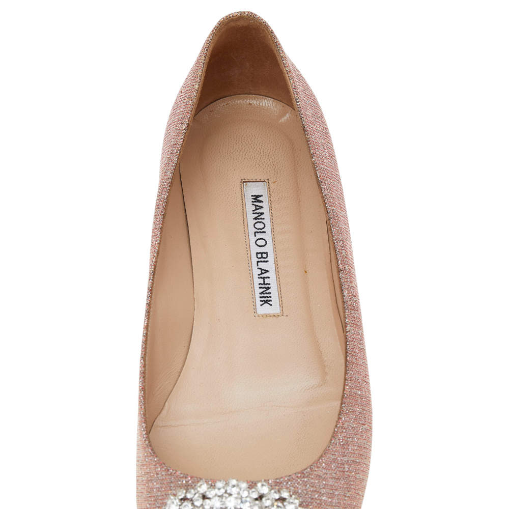 Pre Owned Manolo Blahnik Pink Glitter Hangisi Flats Size 36.5
