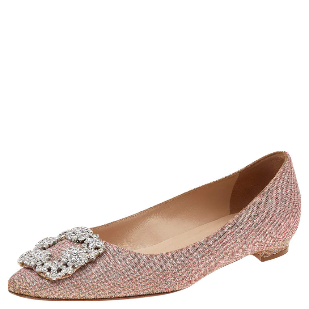 Pre Owned Manolo Blahnik Pink Glitter Hangisi Flats Size 36.5