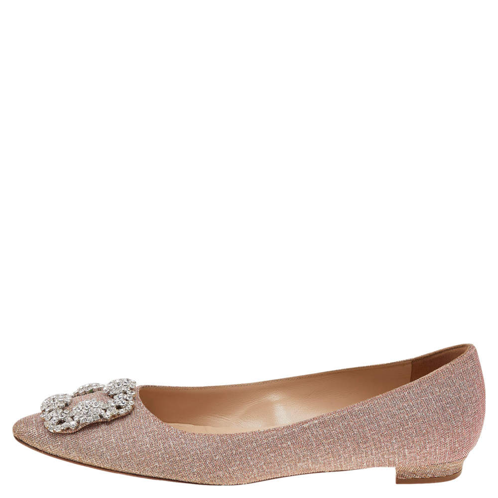 Pre Owned Manolo Blahnik Pink Glitter Hangisi Flats Size 36.5