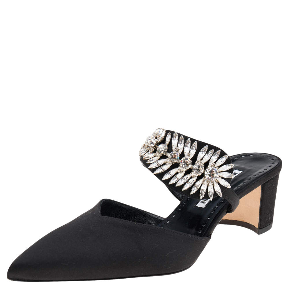Pre Owned Manolo Blahnik Black Satin Sky Crystal Embellished Mules Size 39