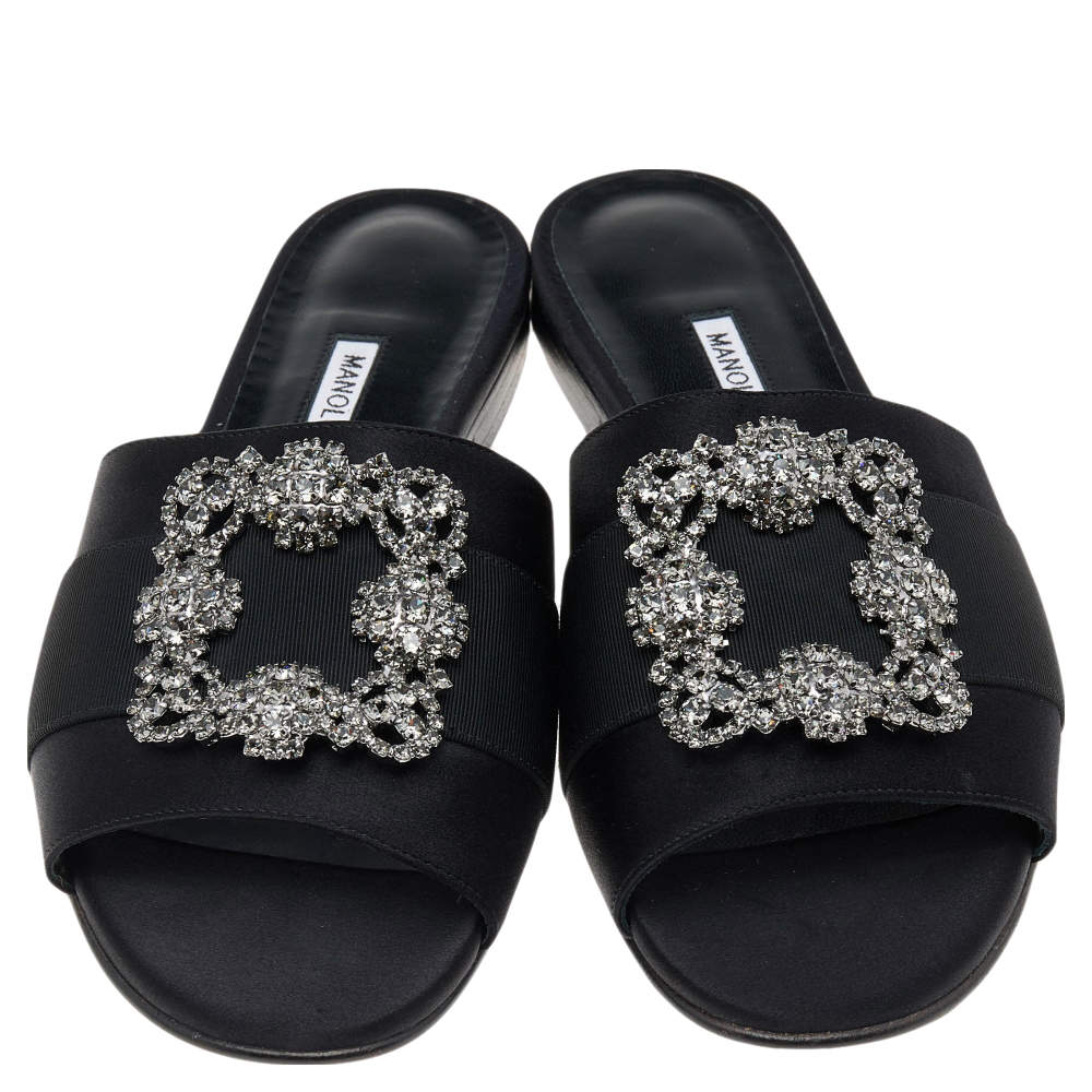 NEW Manolo Blahnik SIRIO Crystals Satin Navy Slides Flats Shoes 39.5 40.5 
