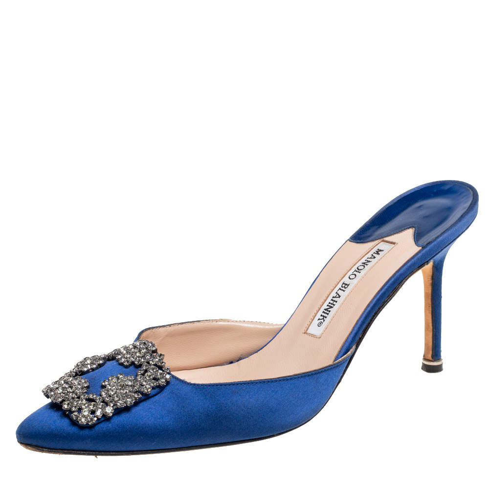 Pre Owned Manolo Blahnik Royal Blue Satin Hangisi Mule Sandals Size 39.5
