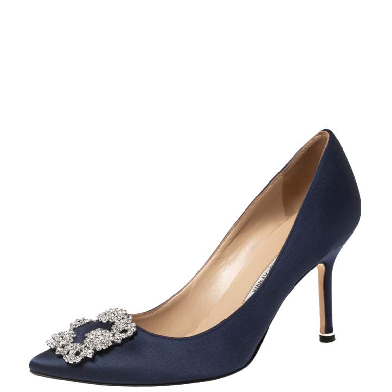 Pre Owned Manolo Blahnik Navy Blue Satin Hangisi Pumps Size 37