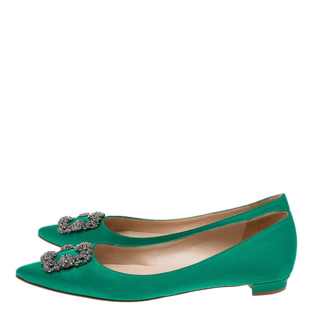 Pre Owned Manolo Blahnik Green Satin Hangisi  Ballet Flats Size 41