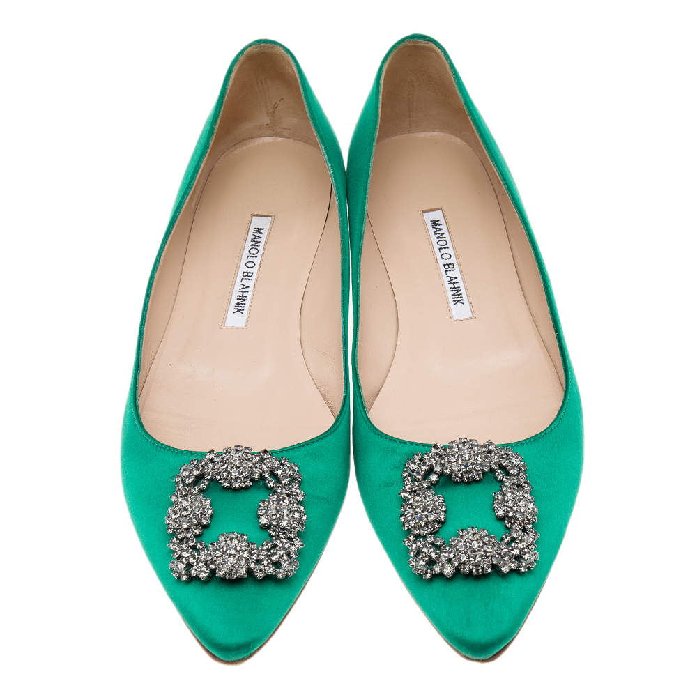 Pre Owned Manolo Blahnik Green Satin Hangisi  Ballet Flats Size 41