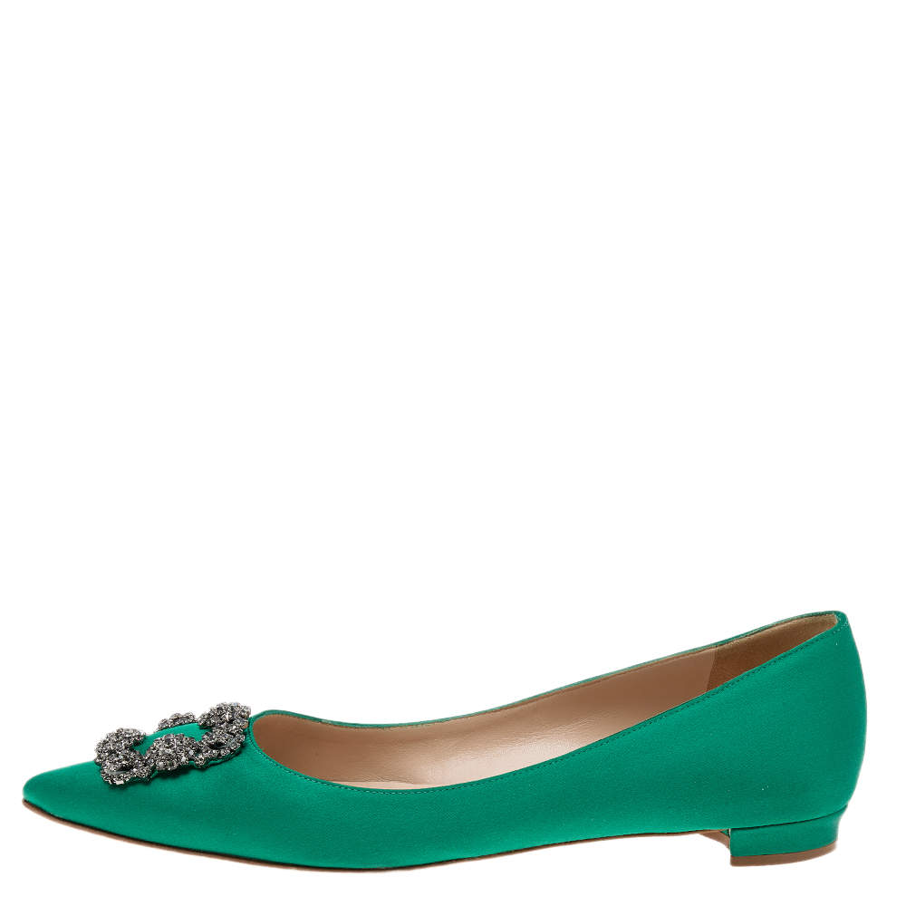 Pre Owned Manolo Blahnik Green Satin Hangisi  Ballet Flats Size 41