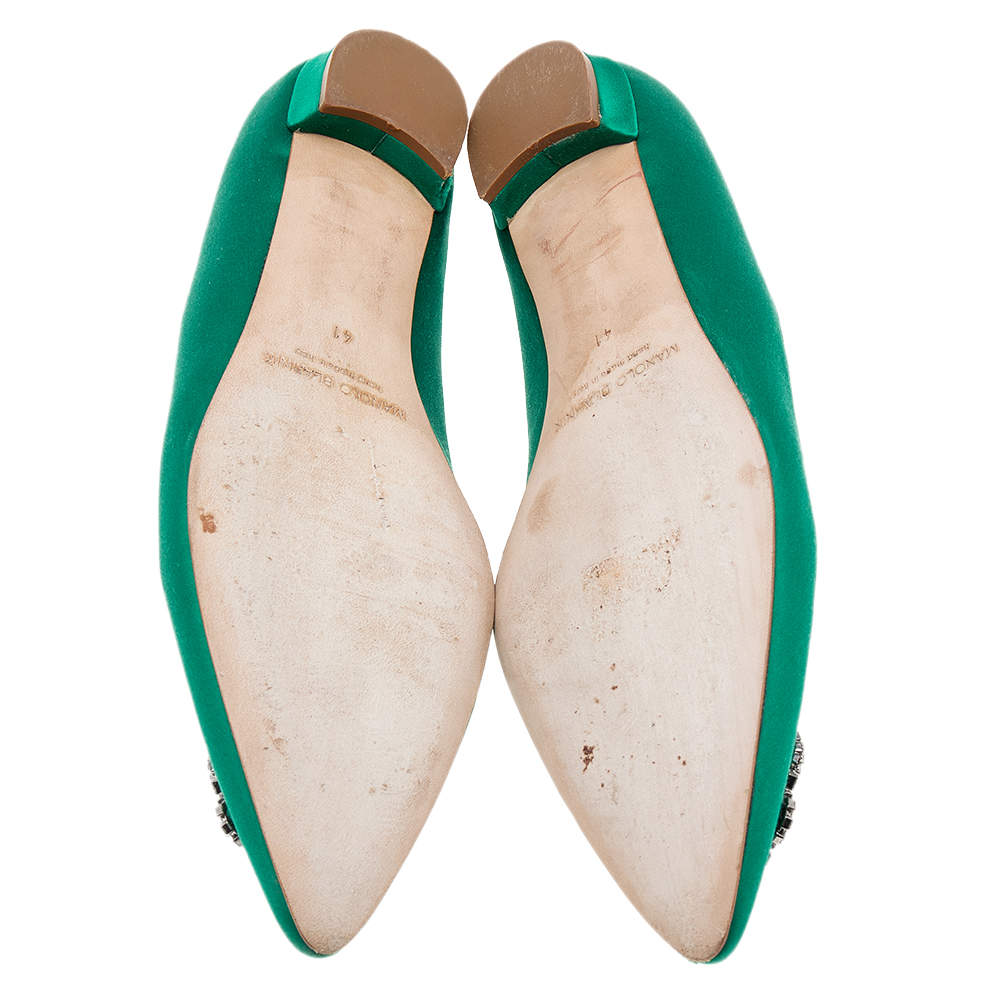 Pre Owned Manolo Blahnik Green Satin Hangisi  Ballet Flats Size 41