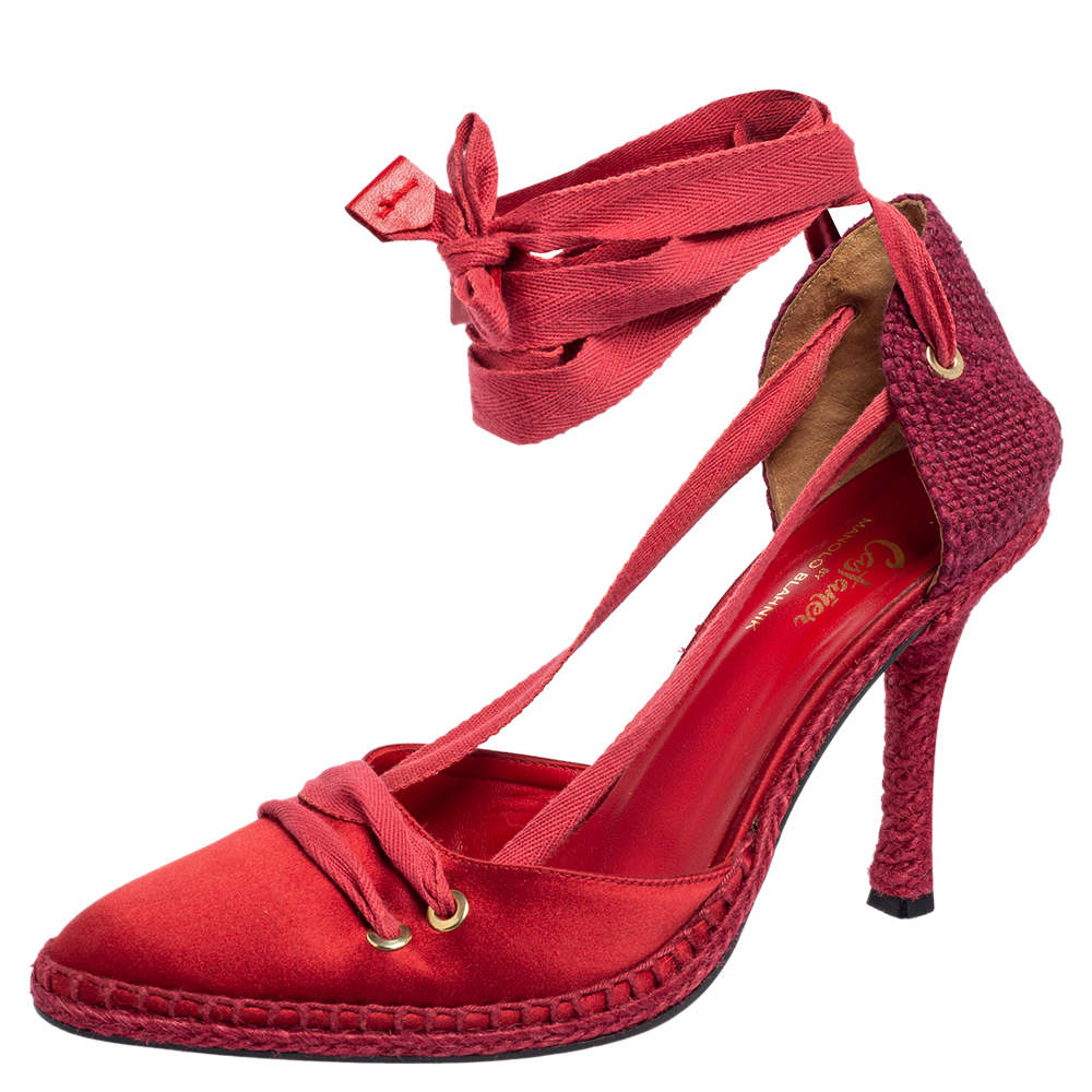 Pre Owned Castañer By Manolo Blahnik Red Satin and Woven Fabric Espadrille Pointed-Toe Ankle-Tie Pumps Size 39