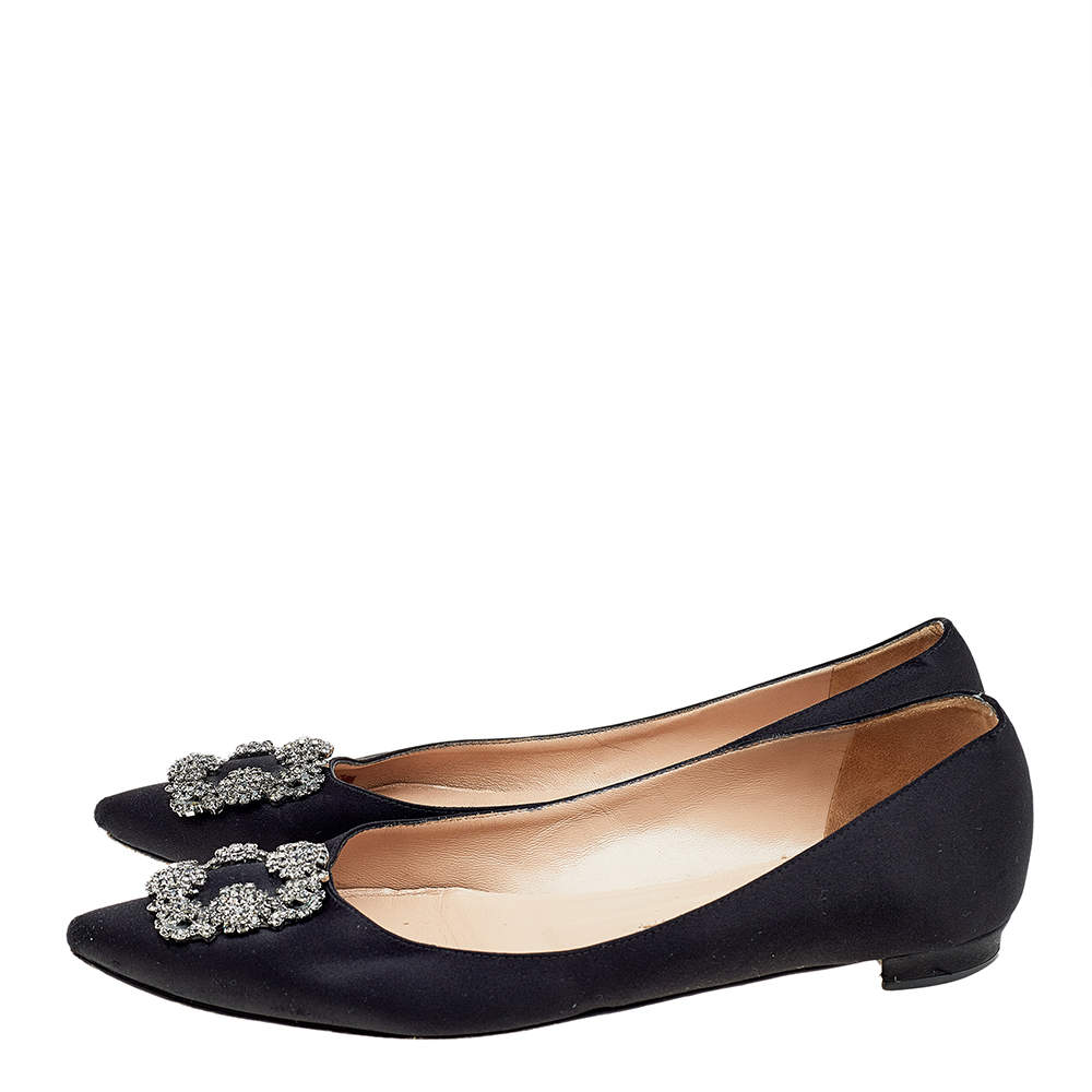 Details about   $1245 New Manolo Blahnik TRIONFAFLAT Satin Black Flats Crystal Jewel BB Shoes 41