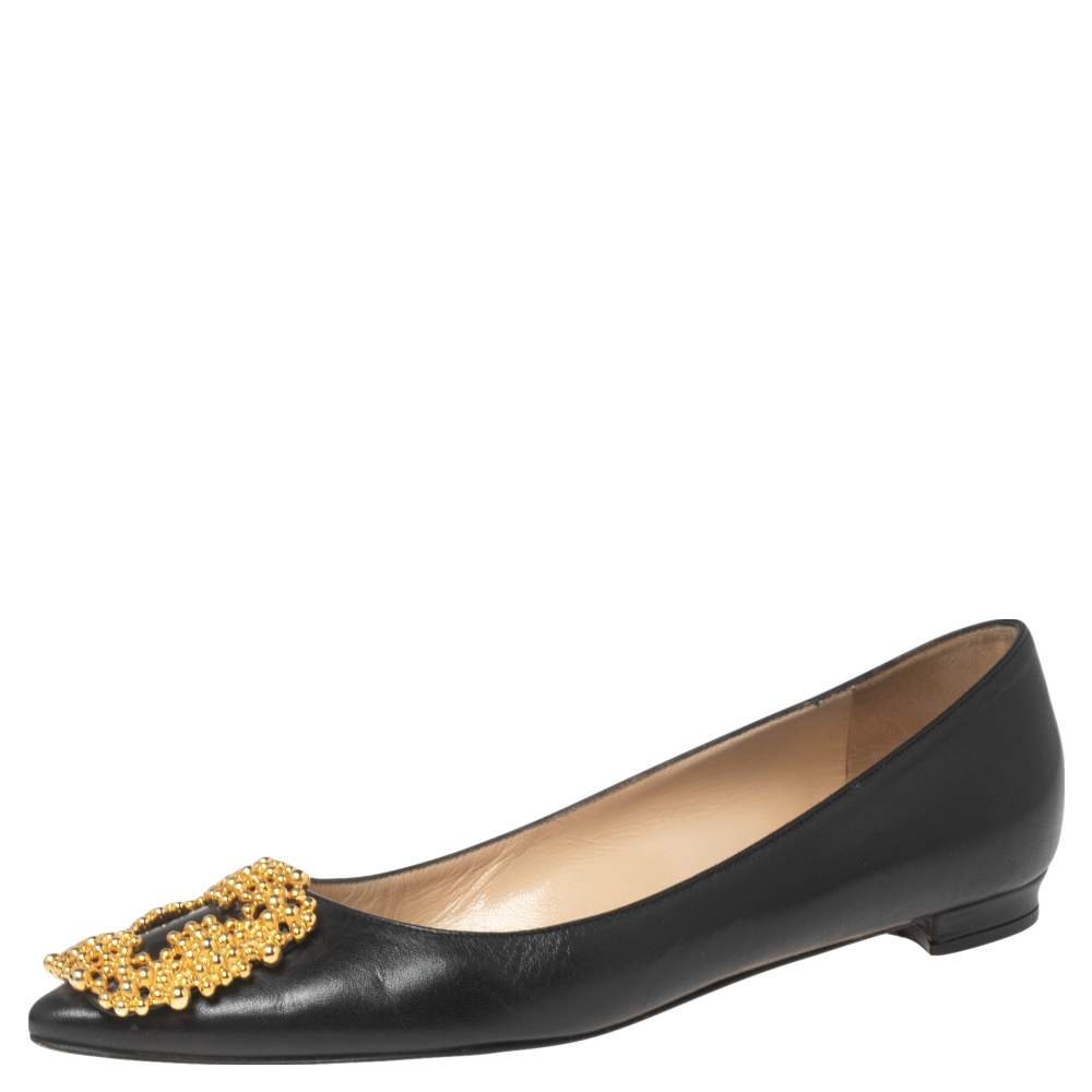 Pre Owned Manolo Blahnik Black Leather Hangisi Ballet Flats Size 35.5